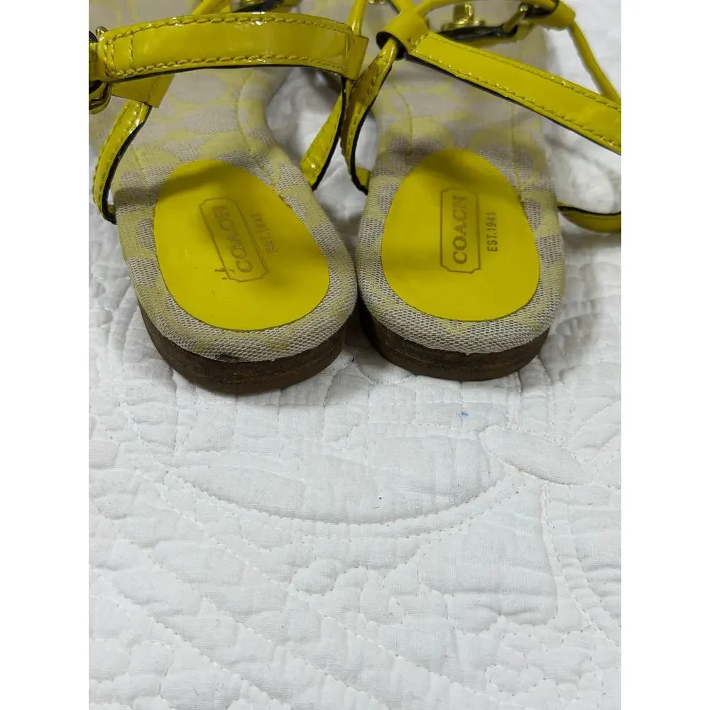 Coach Women’s 7 Yellow Patent Leather Flat Sandals Designer Summer Shoes Luxury